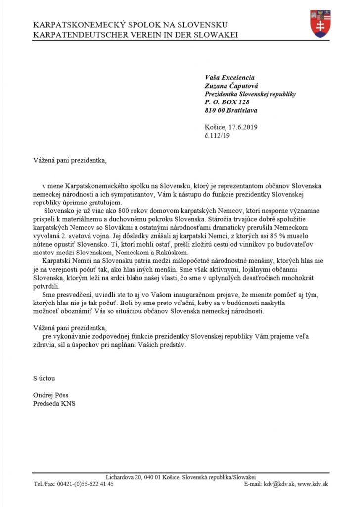 Brief an Präsidentin Caputova