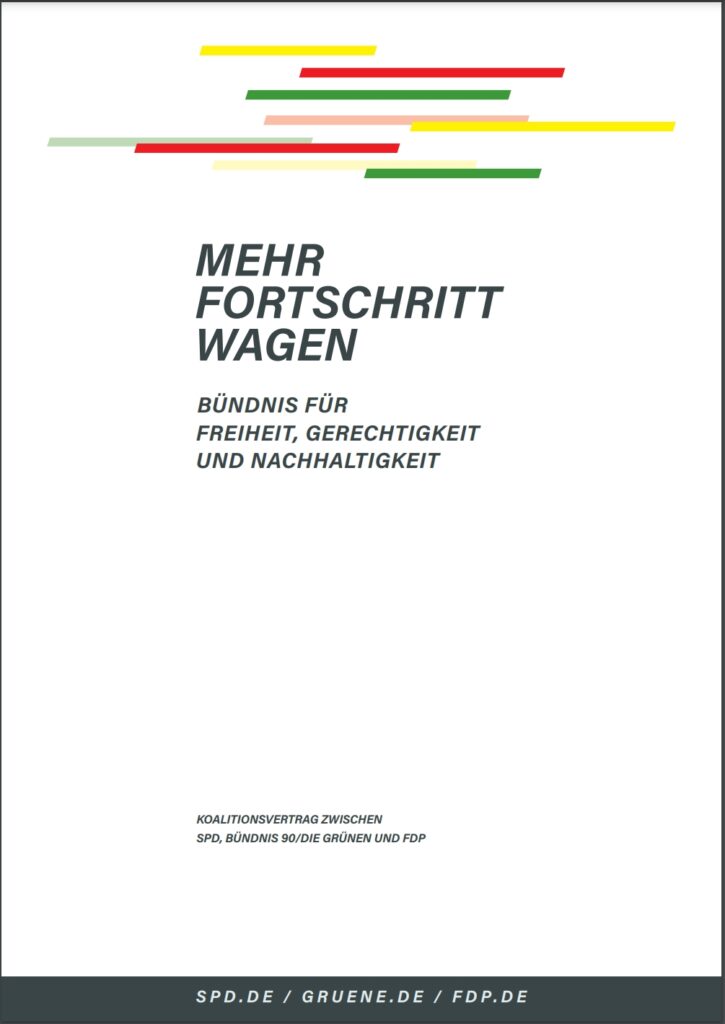 Der Koalitionsvertrag zwischen der SPD, den Grünen und der FDP trägt den Titel „Mehr Fortschritt wagen“. (Screenshot des Vertrages)