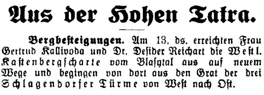 Eine der vielen Pressemitteilungen über Gertruds Bergbesteigungen, diese stammt vom 31. Oktober 1925.