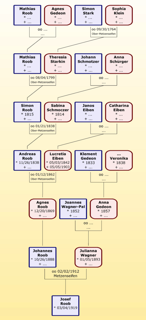 Der graphische Stammbaum zeigt Josef Roobs Vorfahren. Wir finden weitere für Metzenseifen typische Namen wie Eiben, Gedeon, Schmotzer, Schürger, Stark und Wagner.