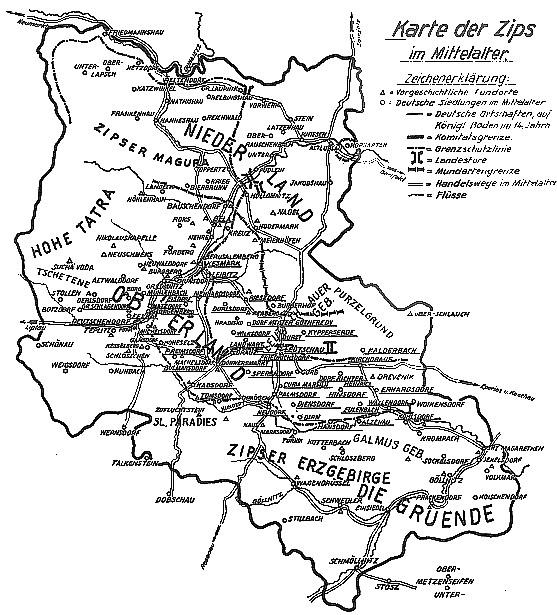 Karte der Zips im Mittelalter  © Lipták, Johann: Bilder aus der Zipser Vergangenheit, Urgeschichte und Besiedlung der Zips, Kesmark, 1935.