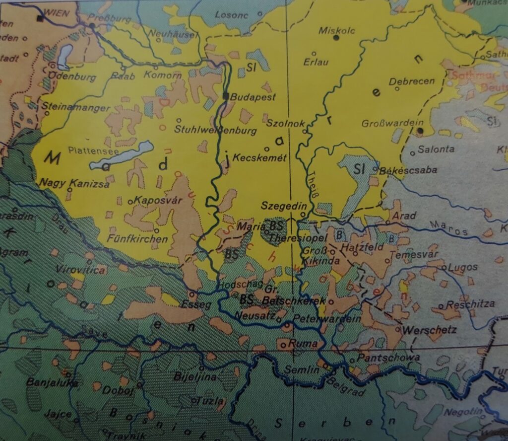Donauschwäbische Siedlungsgebiete (braun)