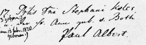 Der Eintrag vom 17. Februar 1820 über die Taufe des Paul Albert zeigt neben den Namen der Eltern (Stephan Keler und Anna von Both) auch das Geburtsdatum (13. Februar 1820)