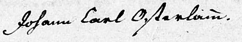 Früher war das Verwenden des Überstrichs zur Konsonanten-Verdoppelung üblich. Johann Carl Osterlamm benutzt den Überstrich bei seinen Unterschriften manchmal beim Nachnamen (über dem m)…