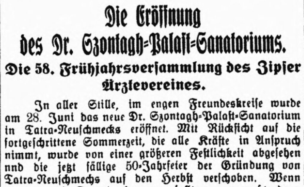 Mitteilung der Karpathen-Post vom 4.7.1925 zur Eröffnung des Sanatoriums – 50 Jahre nach der Gründung von Neu-Schmecks.