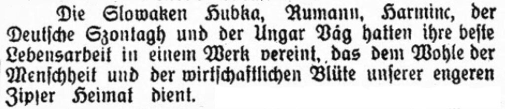 Am 7.9.1929 lobt die Karpathen-Post auf der Titelseite die gute Zusammenarbeit von Slowaken und Ungarn mit dem Deutschen Szontagh beim Bau des neuen Sanatoriums.